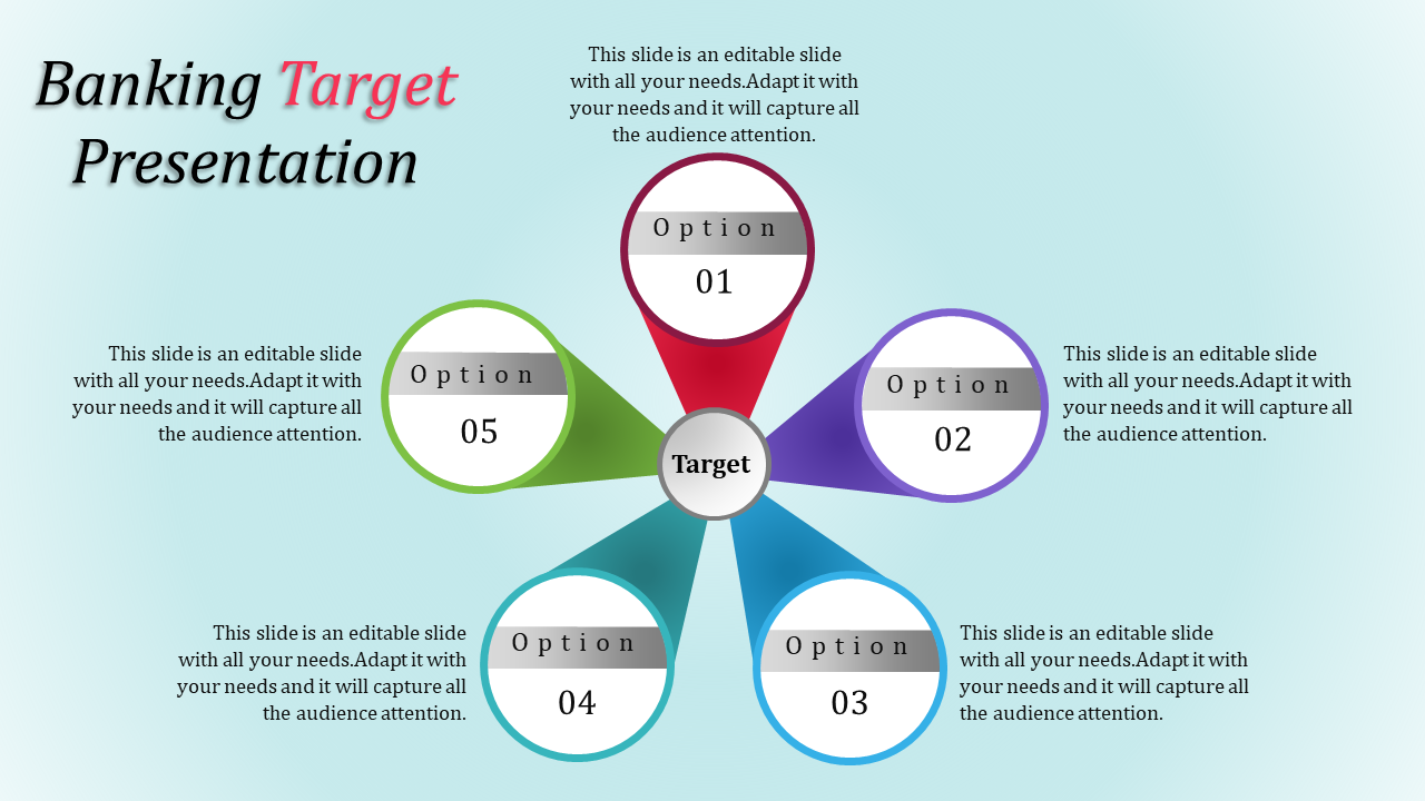 Our Predesigned Target Template PowerPoint Slide-Five Node
